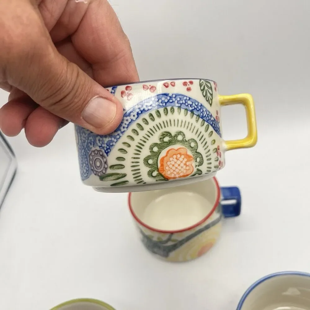 Set Of 4 PIER 1 Paisley Stackable Coffee Tea Mugs Stoneware Hand Painted Boho